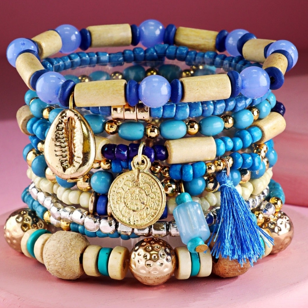 Ocean & Sky Blue Boho Chic Multi Layered Stretch Bracelet Set w/ Golden Charms